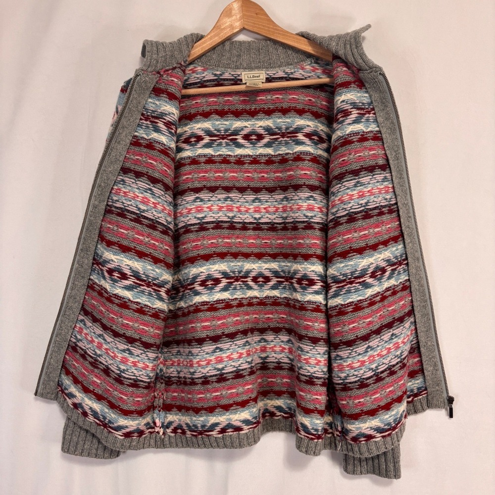 L.L. Bean Cardigan Sweater Womens L Grey Fair Isle Full Zip Wool Nordic‎ Grandma - Picture 4 of 8